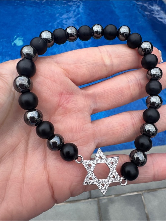 Handmade Jewelry - Men Black Beaded Bracelet with Silver Star of David Charm
